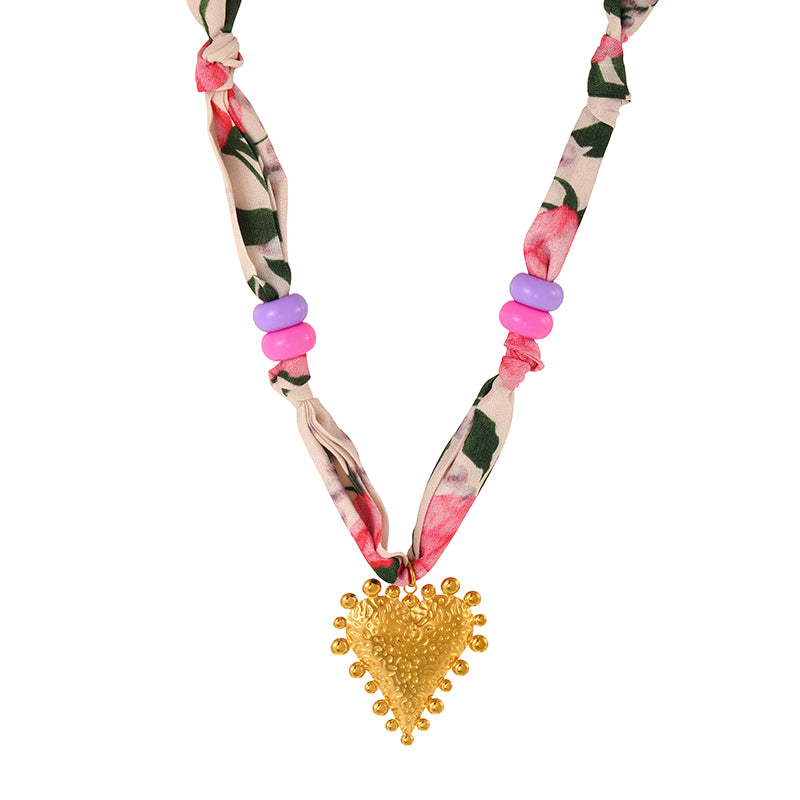 Color 1 Titanium Steel Heart-print Fabric Necklace