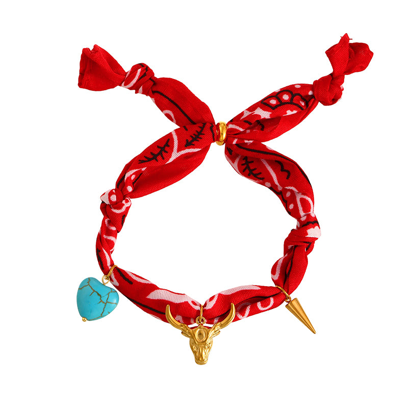 Dark Brown Titanium Steel Western Cowboy Series Heart Turquoise Print Fabric Bracelet