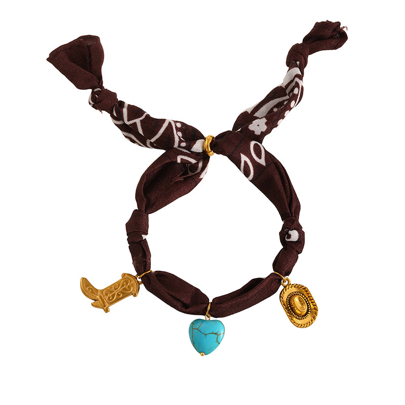 Dark Brown Titanium Steel Western Cowboy Series Heart Turquoise Print Fabric Bracelet