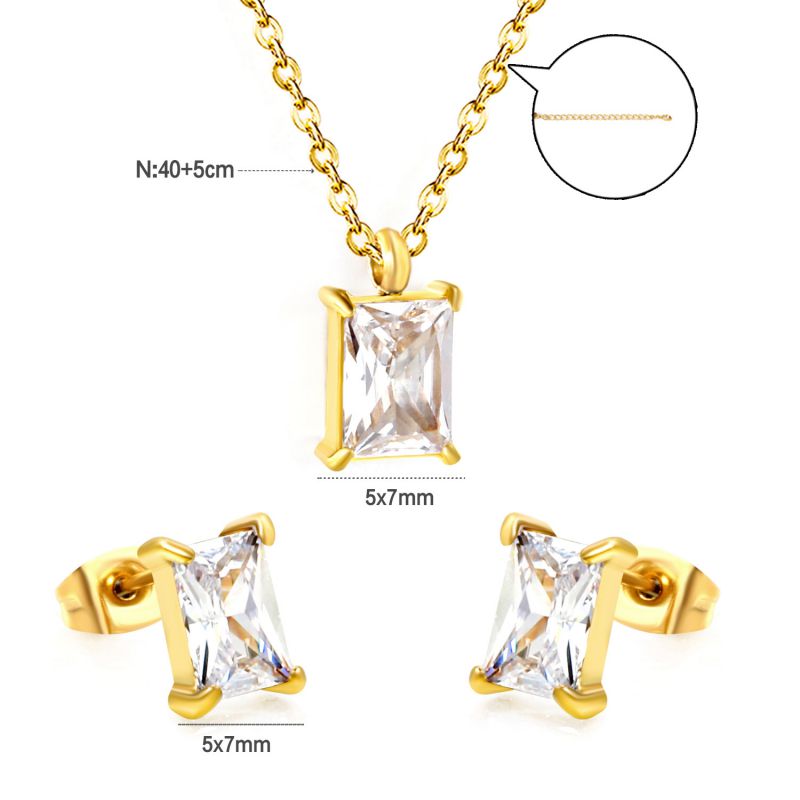 Set 2 Stainless Steel Diamond-encrusted Square Necklace And Earring Set