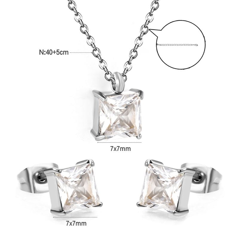 Set 2 Stainless Steel Diamond-encrusted Square Necklace And Earring Set