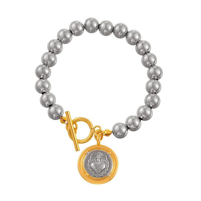 Gold 1 Copper Round Double-sided Portrait Ot Buckle Beaded Bracelet