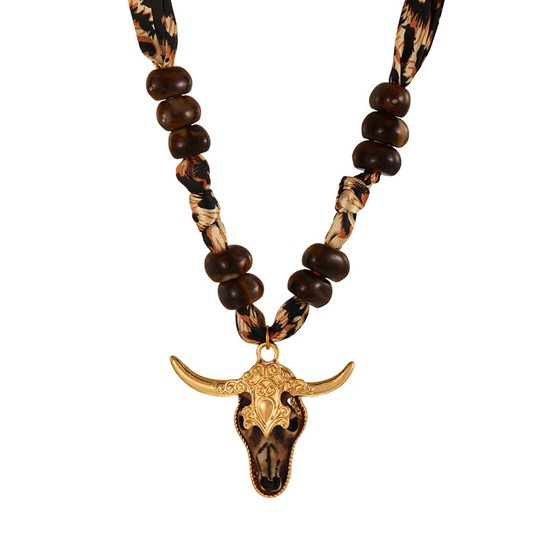 Dark Brown Alloy Bull Head Fabric Beaded Necklace