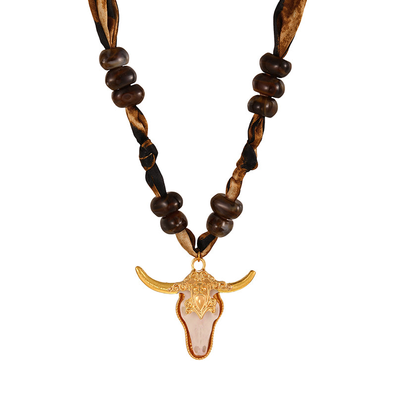 Dark Brown Alloy Bull Head Fabric Beaded Necklace