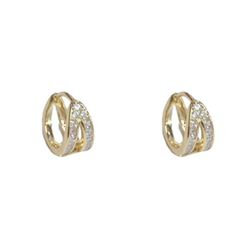 Gold-plated Diamond-encrusted Double-layered Small Earrings (thickened Genuine Gold Plating) Copper And Diamond-encrusted Double-layer Earrings