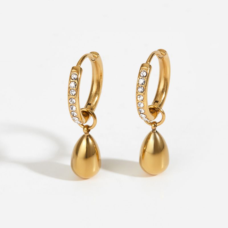 Gold Stainless Steel Teardrop-shaped Diamond-encrusted Hoop Earrings