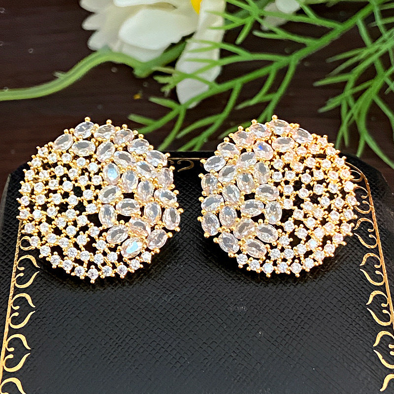 Gold (thickened Genuine Gold Plating) Brass Round Earrings With Diamonds