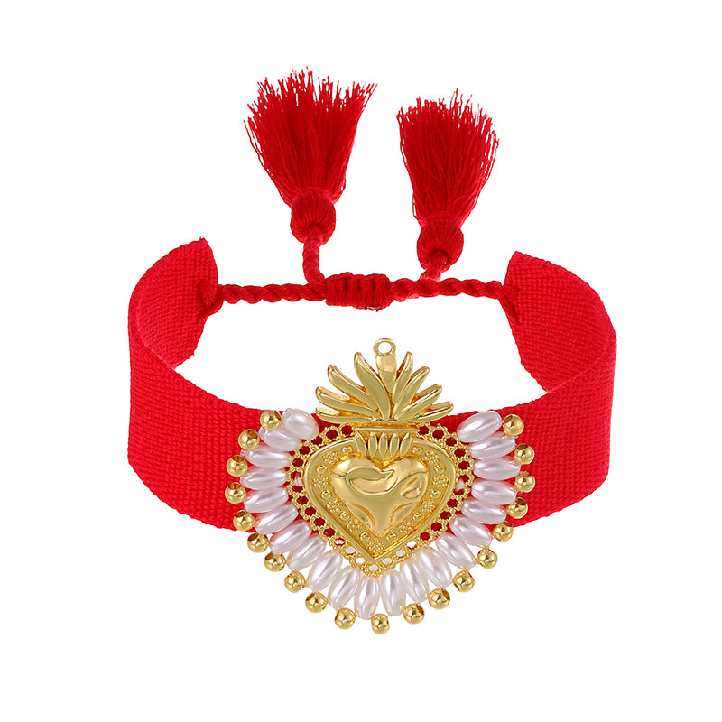 Red Copper Heart Beaded Pearl Braided Tassel Bracelet