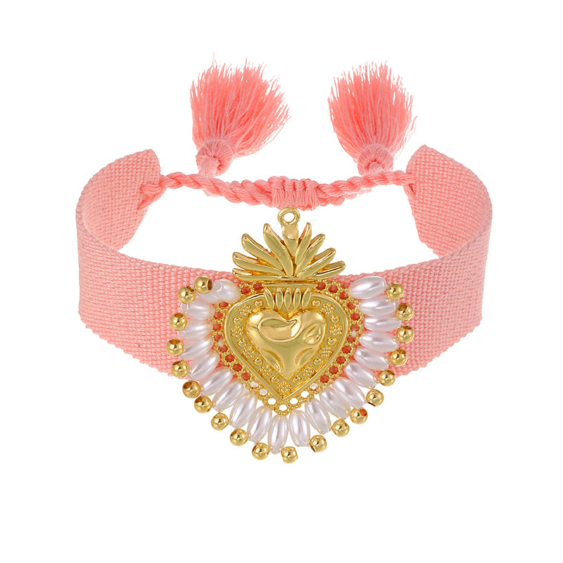 Red Copper Heart Beaded Pearl Braided Tassel Bracelet