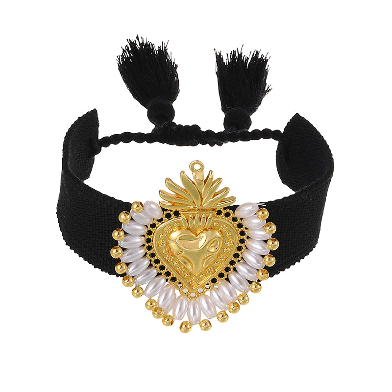 Red Copper Heart Beaded Pearl Braided Tassel Bracelet