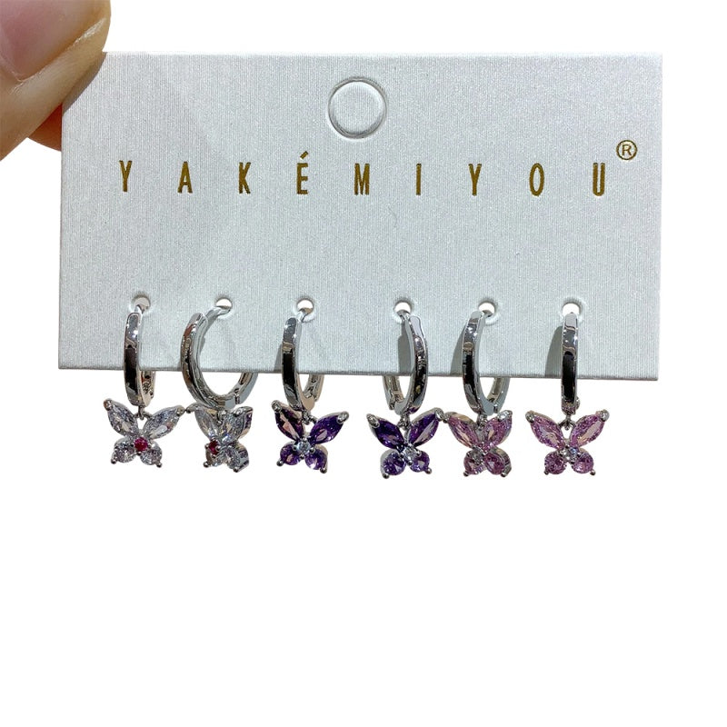 Silver 6-piece Set Of Copper Butterfly Earrings Inlaid With Zircon