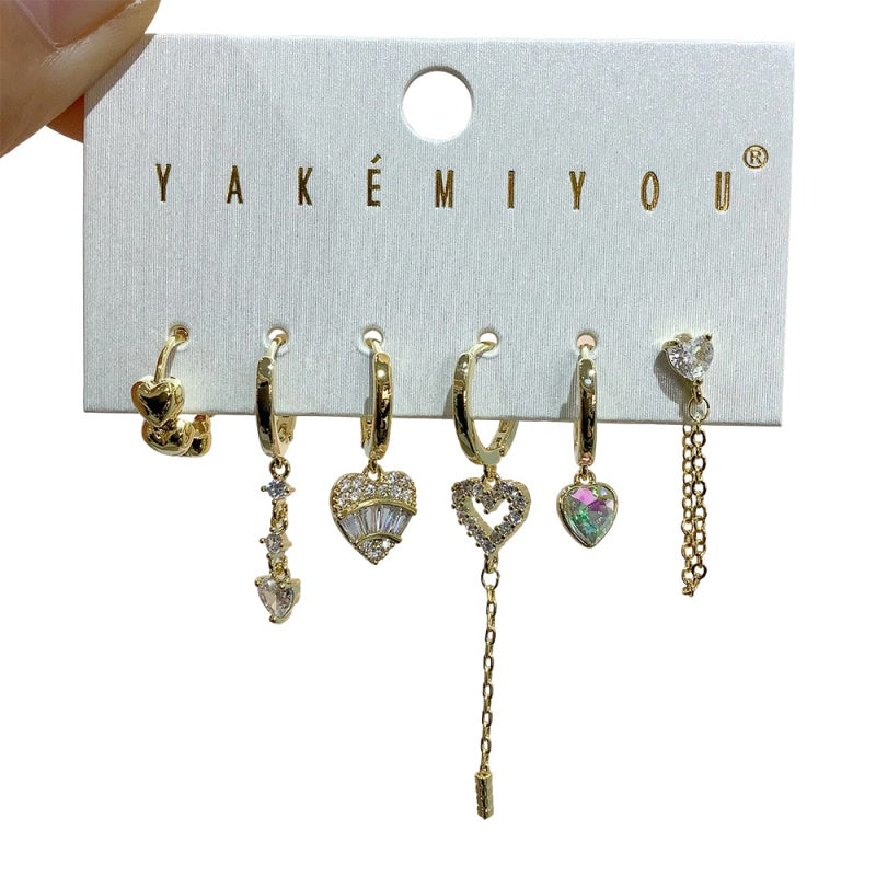 Gold 6-piece Set Of Copper And Zircon Heart-shaped Chain Earrings
