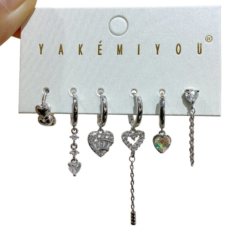 Gold 6-piece Set Of Copper And Zircon Heart-shaped Chain Earrings