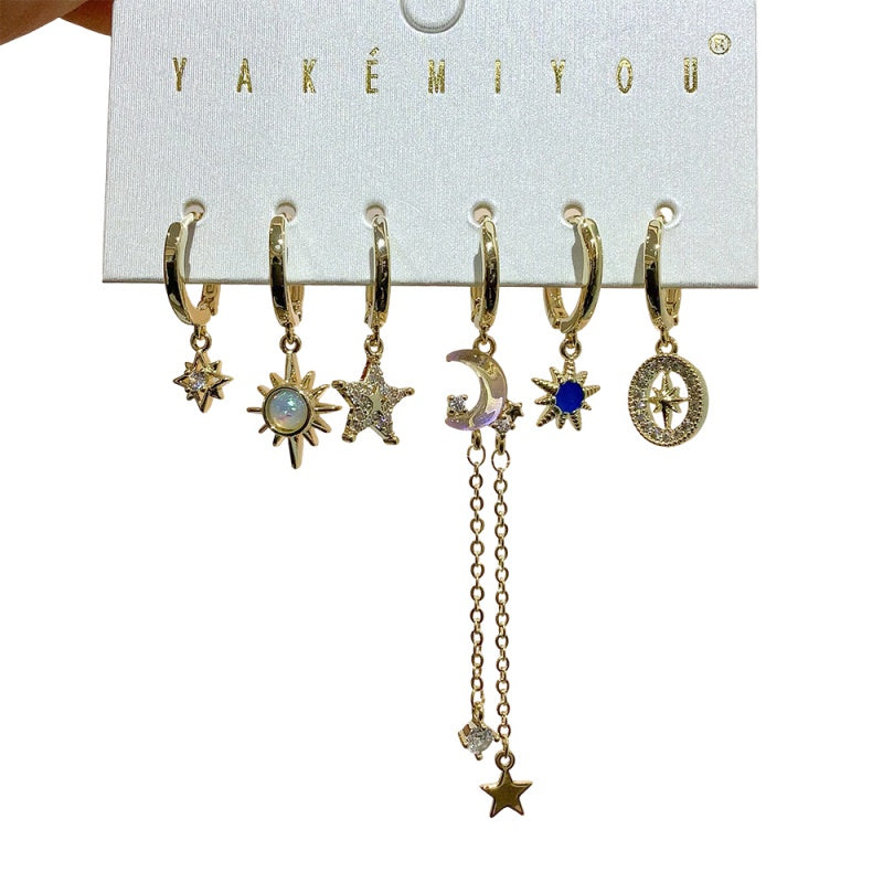 Gold 6-piece Set Of Copper And Zircon Star Moon And Sun Chain Earrings