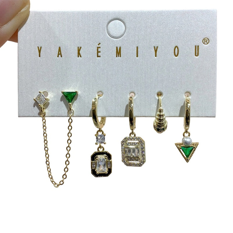 Gold 6-piece Set Of Copper-set Zircon Geometric Chain Earrings