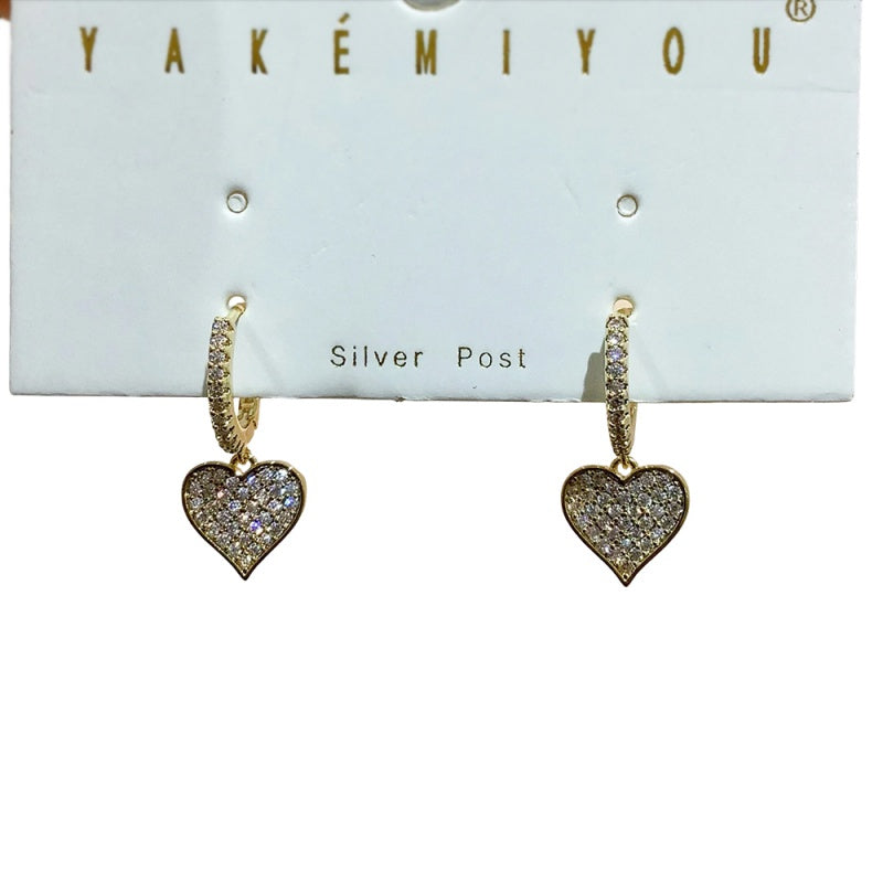 Gold Copper Heart-shaped Earrings Set With Zircon