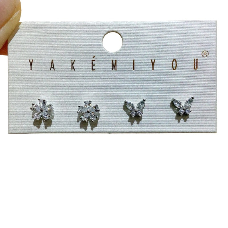 Silver 4-piece Set Of Copper And Zircon Butterfly And Flower Ear Cartilage Studs