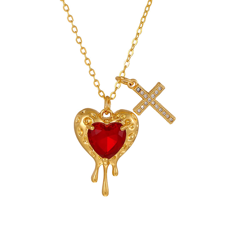 Gold 1 Copper-set Zircon Heart-shaped Cross Necklace