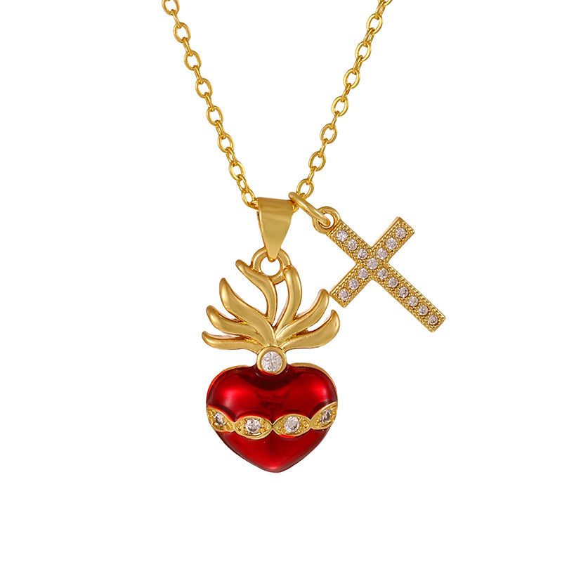 Gold 1 Copper-set Zircon Heart-shaped Cross Necklace