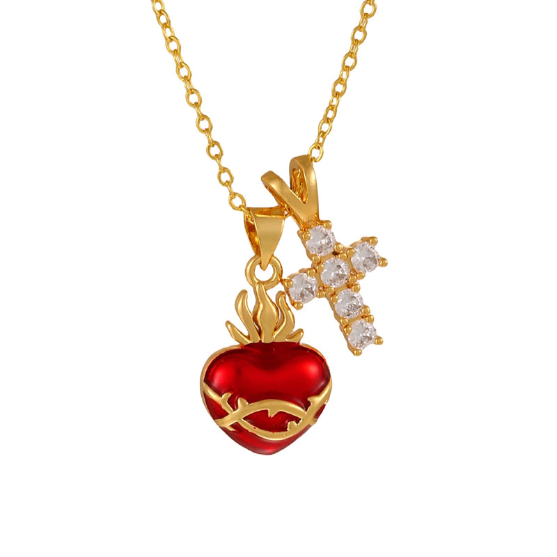 Gold 1 Copper-set Zircon Heart-shaped Cross Necklace