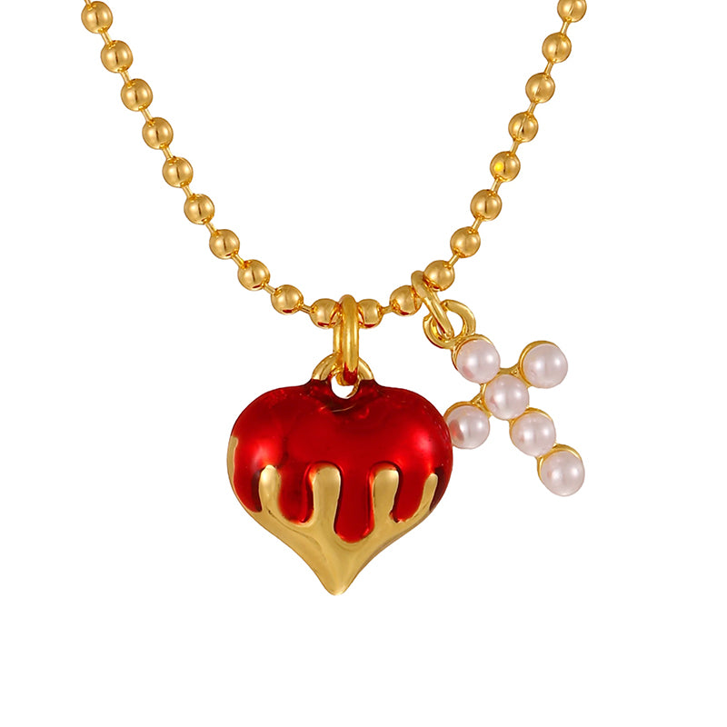 Gold 1 Copper-set Zircon Heart-shaped Cross Necklace