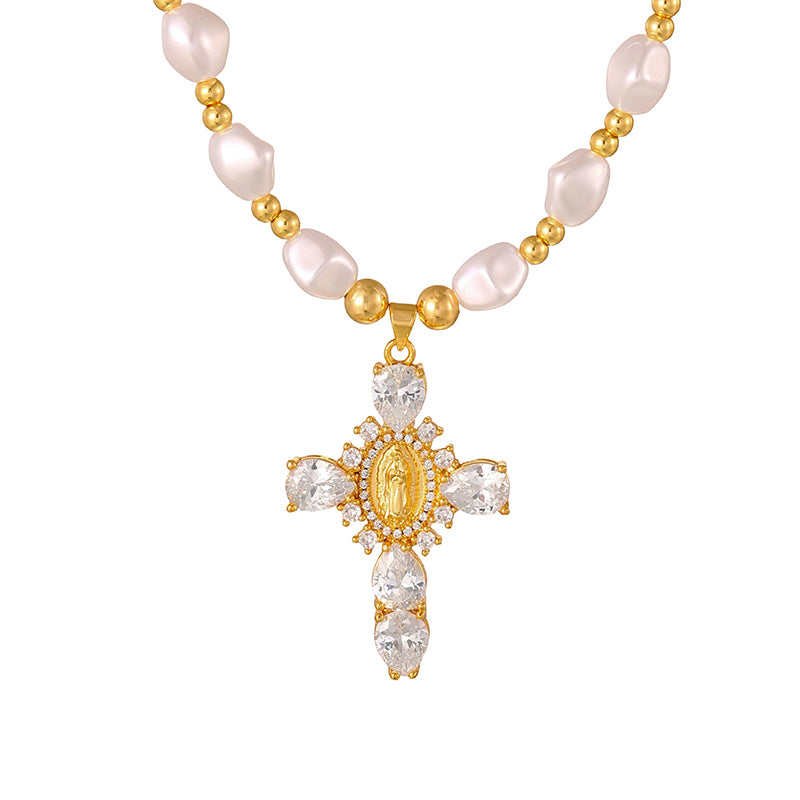 Gold 1 Copper-set Zircon Human Figure Cross Irregular Imitation Pearl Beaded Necklace