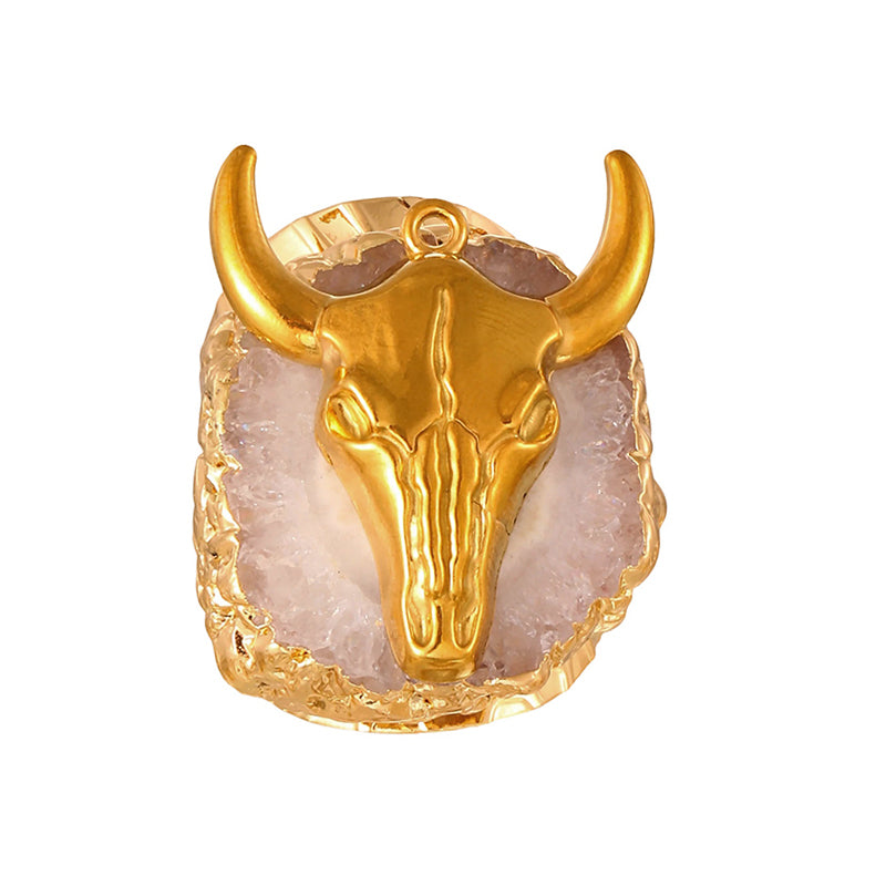 Rose Red Irregular Natural Stone Titanium Steel Bull Head Ring