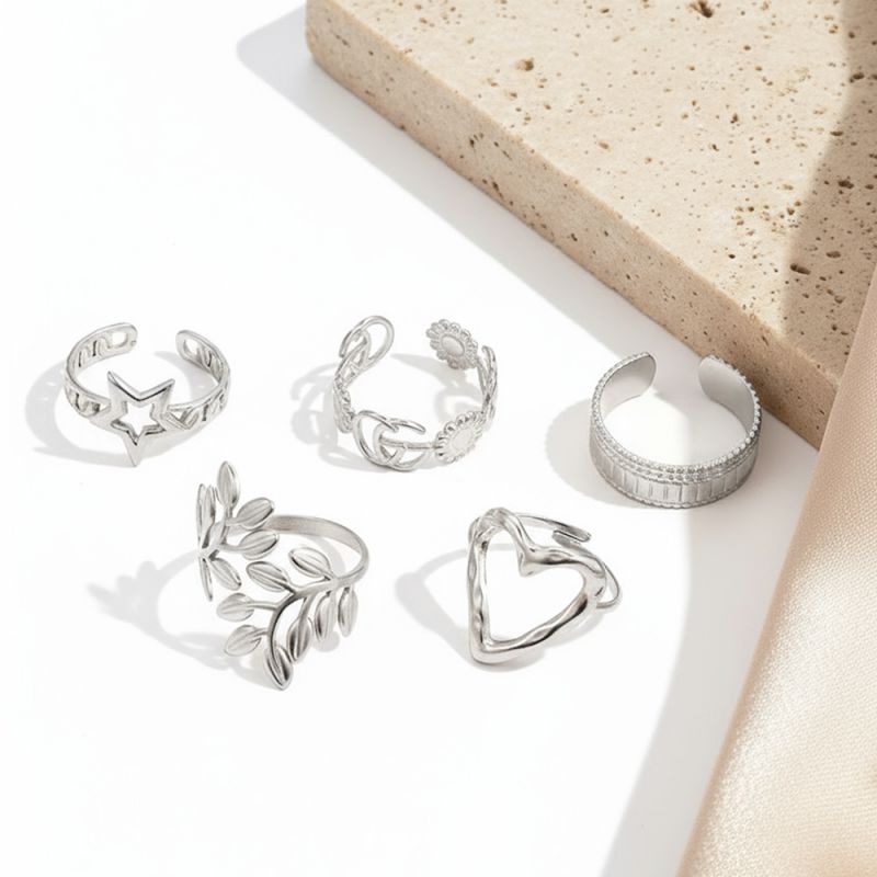 Gold Stainless Steel Five-pointed Star Heart And Leaf Ring Set