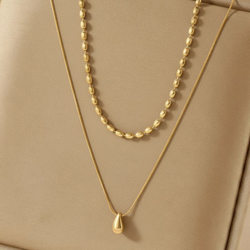 Gold Stainless Steel Teardrop-shaped Double-layer Necklace