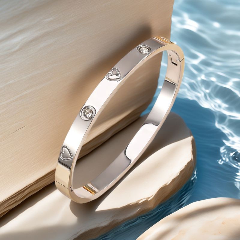 Silver Titanium Steel Diamond-encrusted Heart Bracelet