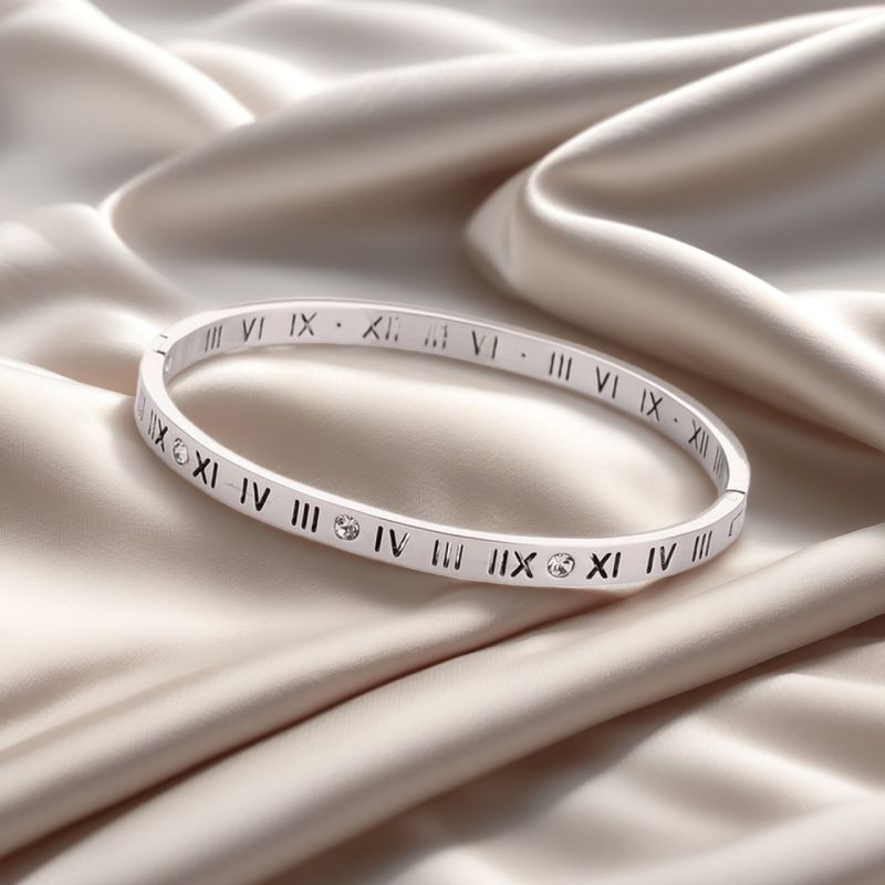Silver Titanium Steel Diamond-encrusted Roman Numeral Bracelet