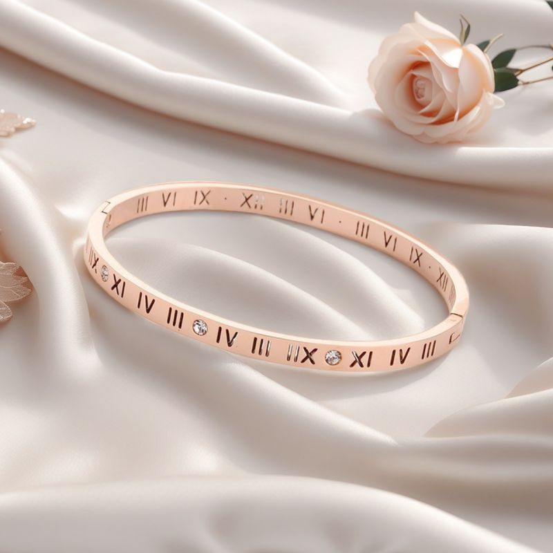 Silver Titanium Steel Diamond-encrusted Roman Numeral Bracelet