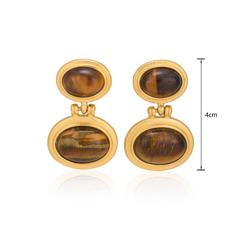 Gold Titanium Steel Tiger Eye Earrings