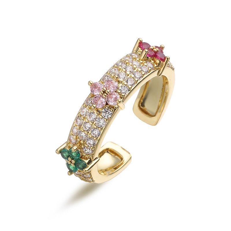 Gold And White Diamond Four-leaf Clover Ring Copper Round Ring With Diamonds