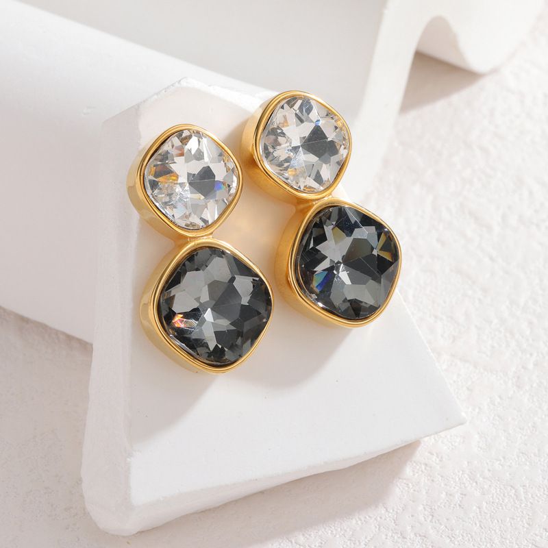 Gold Stainless Steel Diamond-encrusted Square Earrings