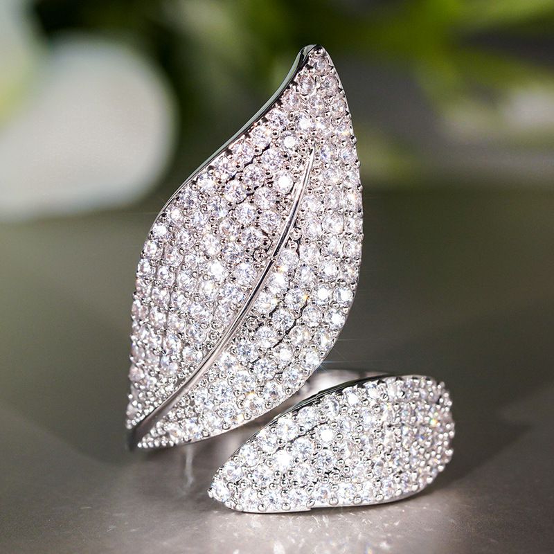 White Gold Copper And Diamond-encrusted Leaf Ring