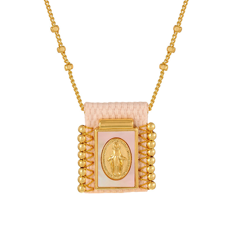 Gold 1 Woven Square Seashell Portrait Beaded Necklace