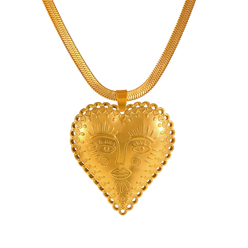 Gold And Silver 2 Titanium Steel Heart-shaped Face Snake Bone Chain Necklace