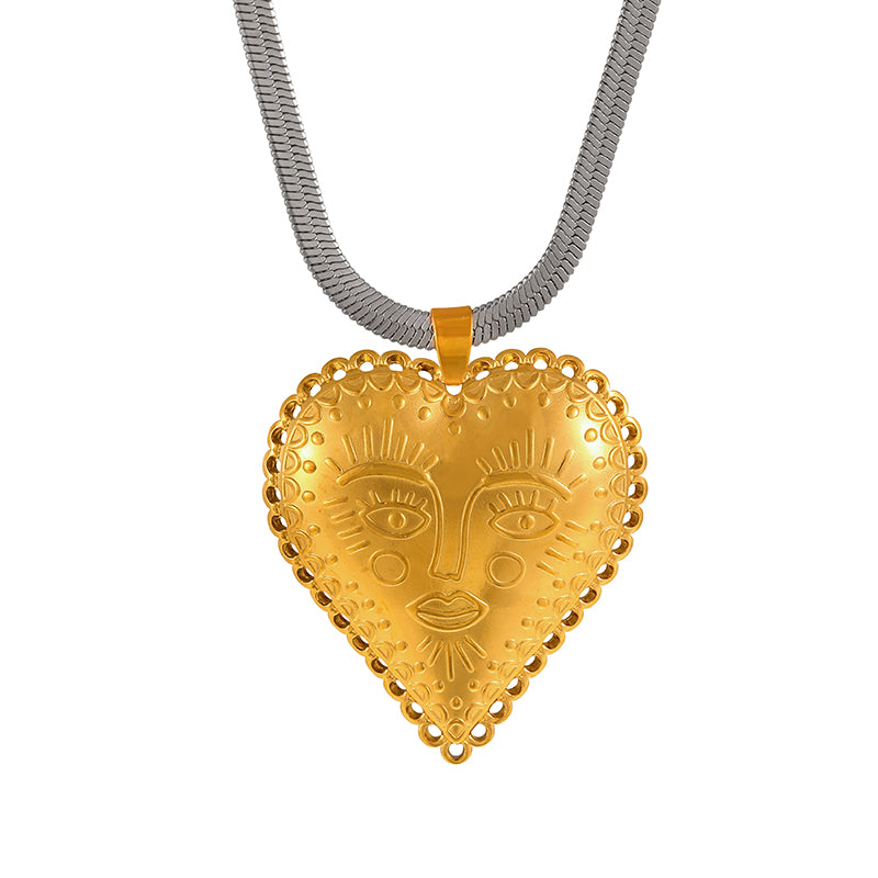 Gold And Silver 2 Titanium Steel Heart-shaped Face Snake Bone Chain Necklace