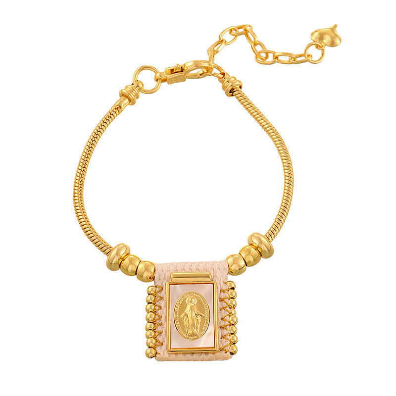 Gold 5 Woven Square Seashell Portrait Beaded Bracelet