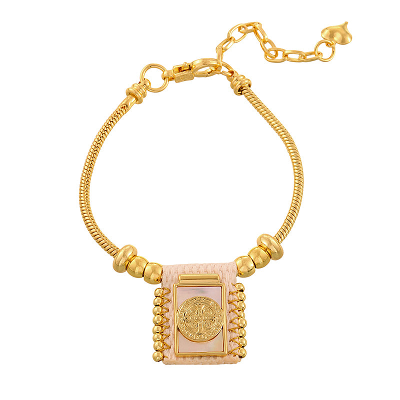 Gold 5 Woven Square Seashell Portrait Beaded Bracelet