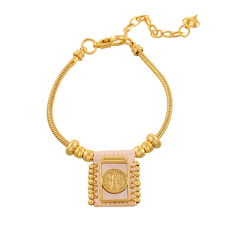 Gold 5 Woven Square Seashell Portrait Beaded Bracelet