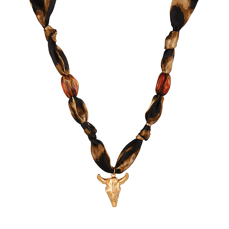White Alloy Bull Head Beaded Leopard Print Fabric Necklace