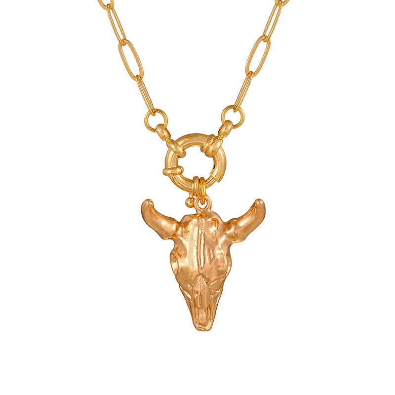 Gold Alloy Bull Head Ring Clasp Necklace
