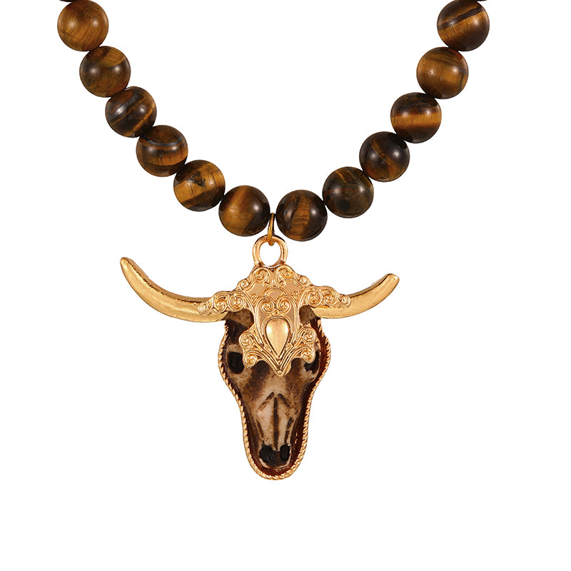 Brown Bull's Head Natural Stone Beaded Necklace