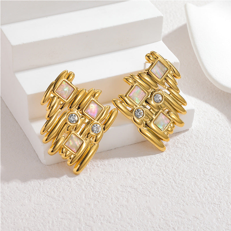 Abalone Stainless Steel Diamond-encrusted Irregular Earrings