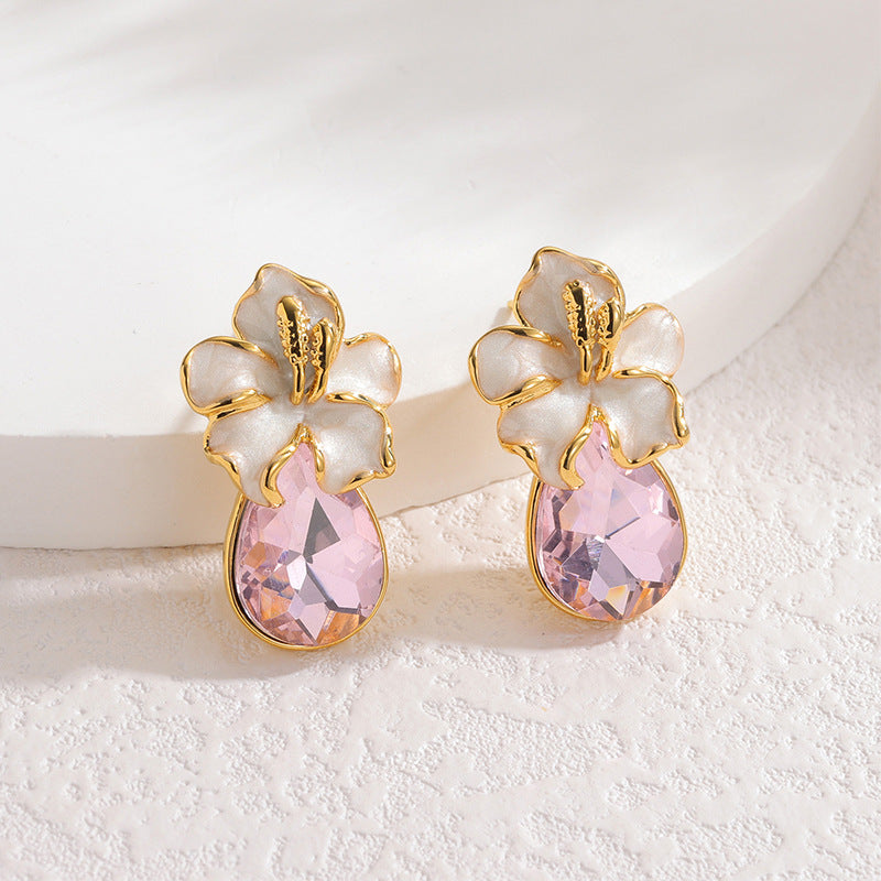 Gold Stainless Steel Diamond-encrusted Flower Teardrop-shaped Earrings