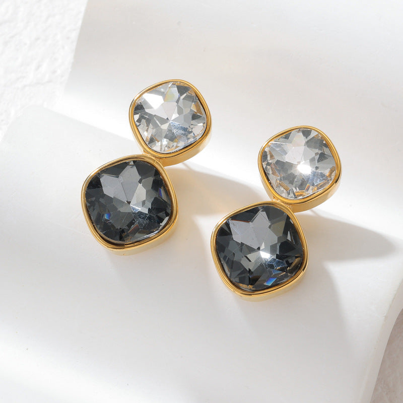 Gold Stainless Steel Diamond-encrusted Square Earrings