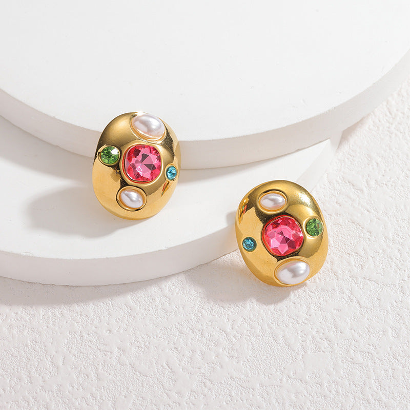 Gold Stainless Steel Diamond-encrusted Oval Earrings