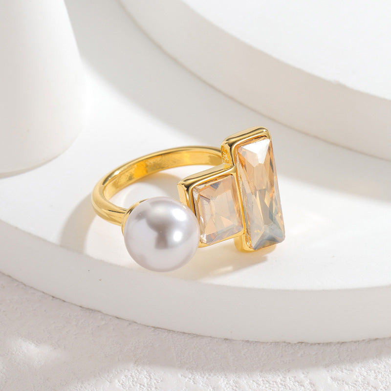 Gold Stainless Steel Diamond-encrusted Irregular Ring